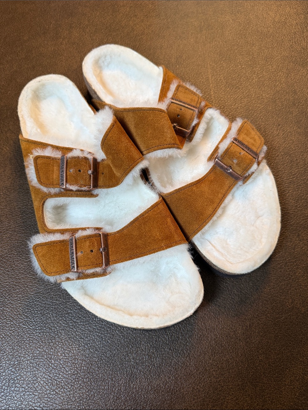 Birkenstock Arizona Shearling Suede Sandals - Mink, Sz 46 Regular/Wide NEW